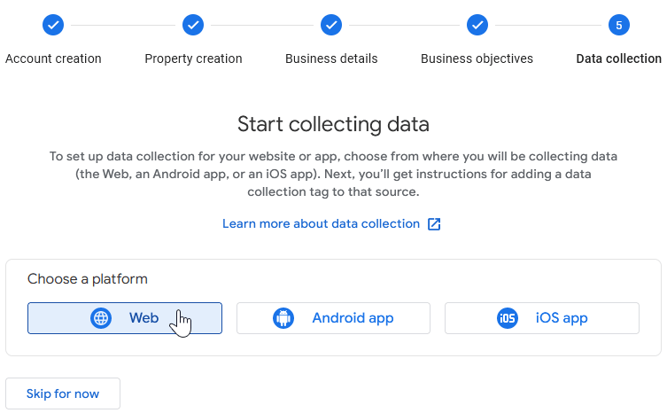 یک پلتفرم برای ویژگی Google Analytics خود انتخاب کنید.