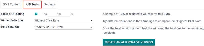 زبانه تست A/B در فرم کمپین اپلیکیشن بازاریابی پیامکی Odoo قرار دارد.