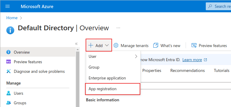 صفحه مدیریت Microsoft Azure با گزینههای + افزودن و ثبتنام برنامه برجسته شده.