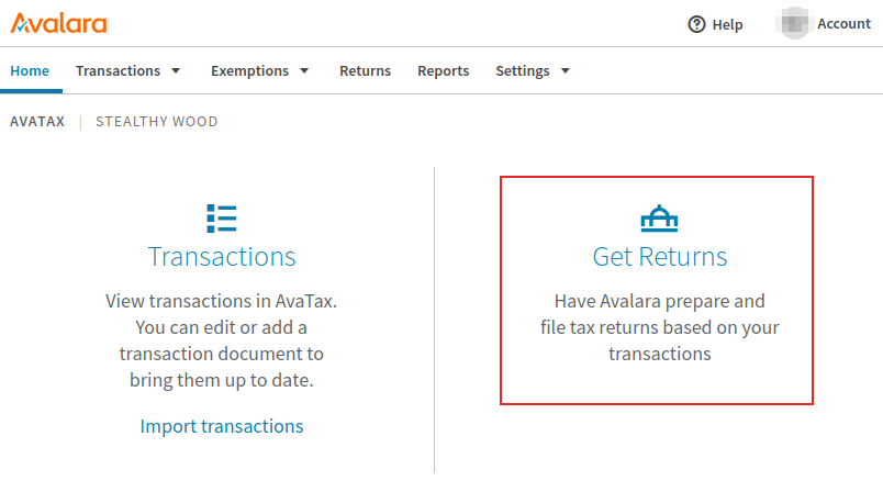 پورتال Avalara با میانبر بازگشتها برجسته شده.