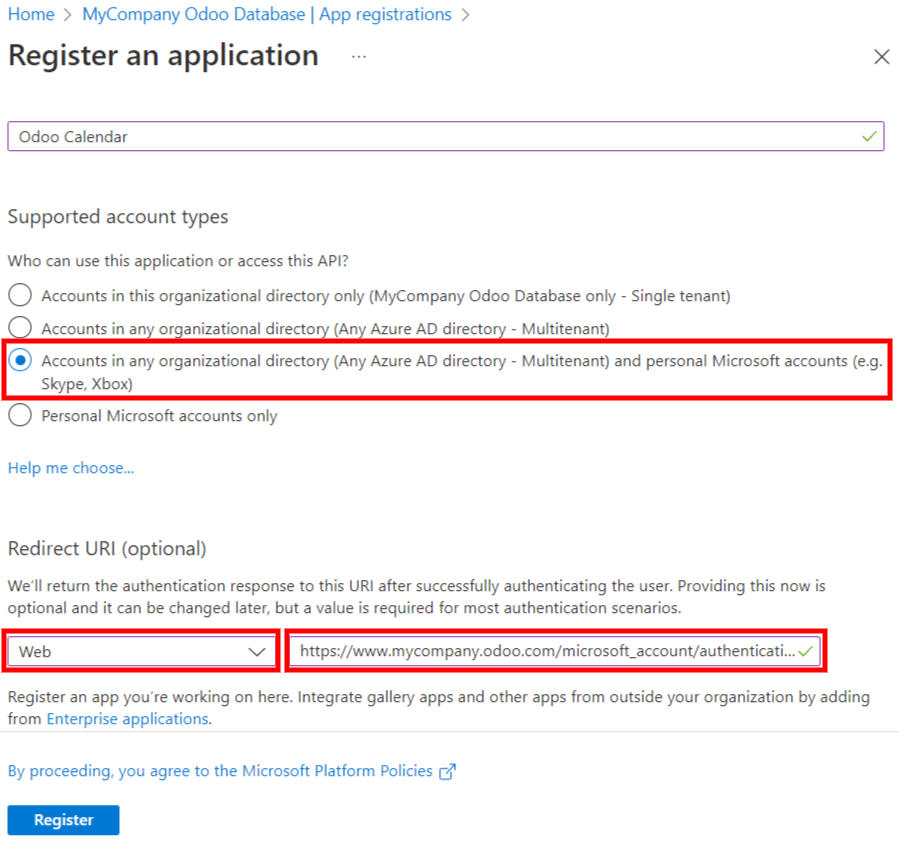 تنظیمات "نوع حساب پشتیبانی شده" و "آدرس بازگشت (Redirect URI)" در پورتال Microsoft Entra ID.