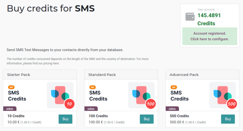 صفحه خدمات پیامک در IAP.Odoo.com با چهار بسته اعتبار قابل خریداری.