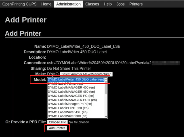 صفحه انتخاب مدل را در کنسول OpenPrinting CUPS با مدل و افزودن چاپگر برجسته کنید.