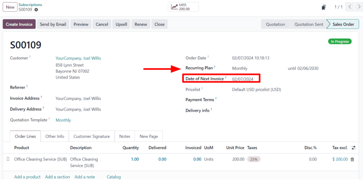 یک سفارش فروش اشتراک تأیید شده در برنامه اشتراکهای Odoo.