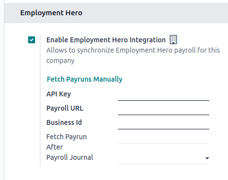 فعال‌سازی یکپارچه‌سازی Employment Hero در حسابداری Odoo، فیلدهای جدیدی را در تنظیمات نمایش می‌دهد.