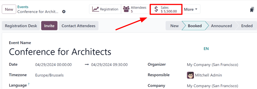 نمای فرم یک رویداد و دکمه هوشمند فروش در Odoo Events.