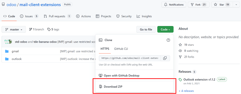 فایل ZIP را از مخزن گیتهاب Odoo برای افزونههای ایمیل دانلود کنید.