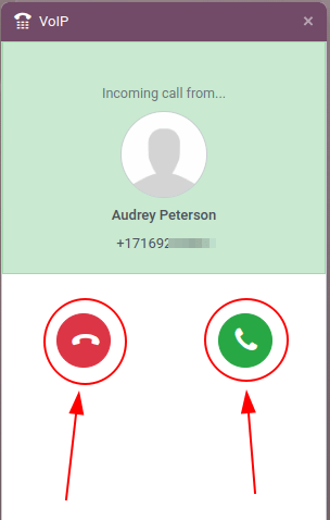 تماس ورودی در ویجت VoIP اودو نمایش داده میشود.