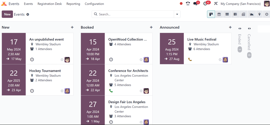 نمای کلی تنظیمات رویدادها با نمای کانبان در Odoo Events.