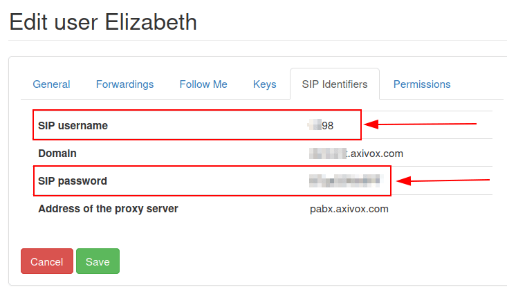اعتبارنامههای SIP در مدیر Axivox.