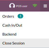 منوی کشویی برای بستن یک جلسه فروش (POS)، دسترسی به بخش مدیریت، افزودن یا برداشت وجه نقد یا بررسی سفارشها