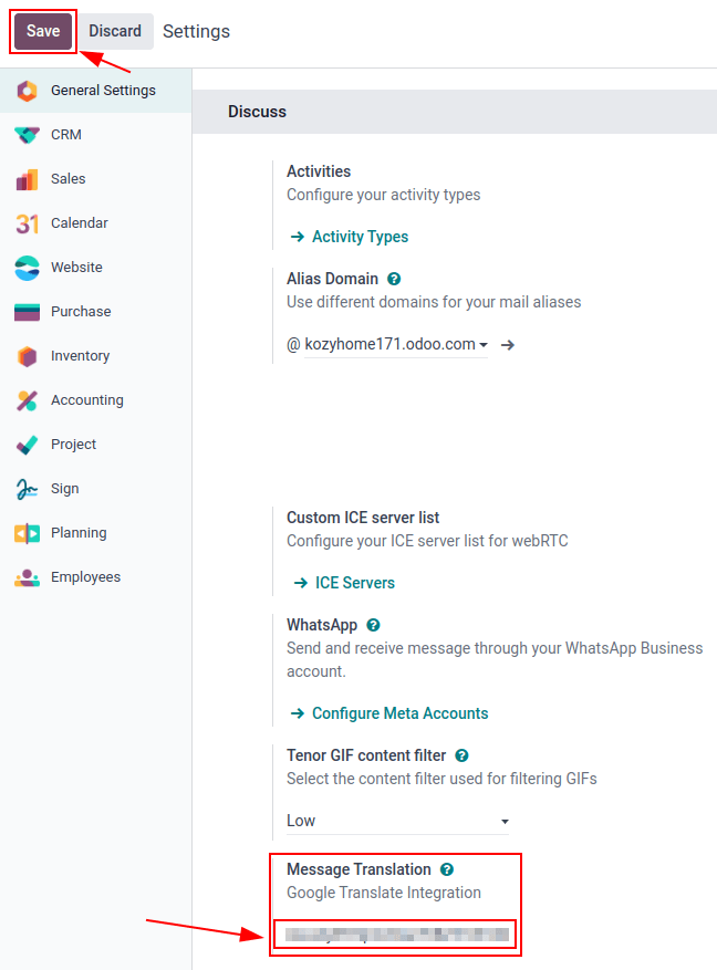 پیکربندی Odoo برای کلید API از *کنسول API گوگل*.
