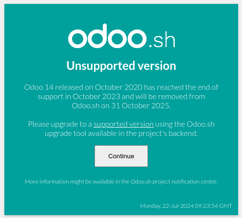 پنجره پاپآپ "نسخه غیرپشتیبانیشده" در Odoo.sh.