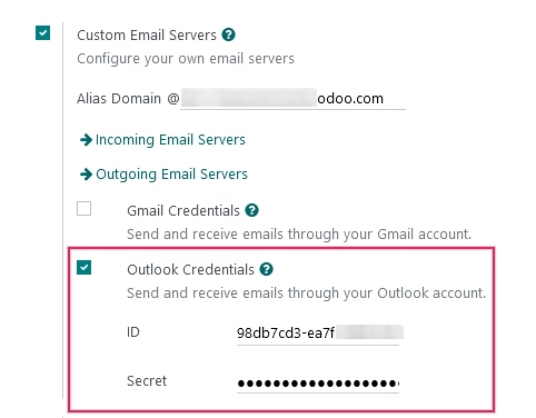 اعتبارنامههای Outlook در تنظیمات عمومی Odoo.