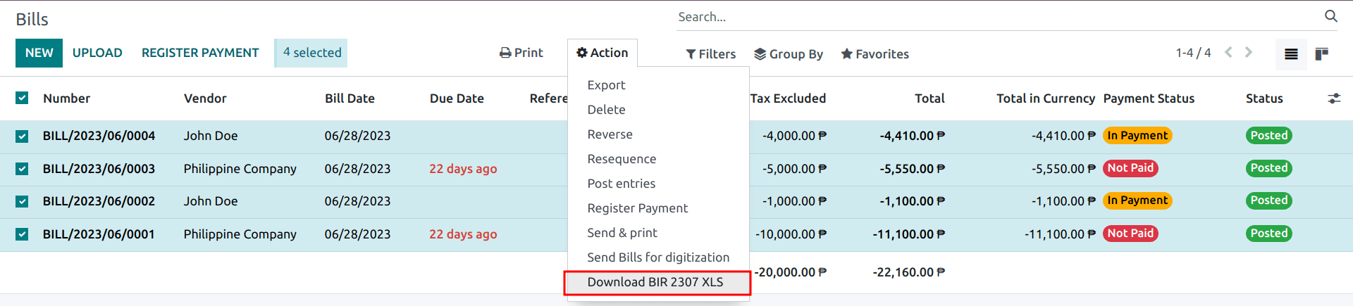 انتخاب چندین صورتحساب فروشنده با اقدام "دانلود BIR 2307 XLS".