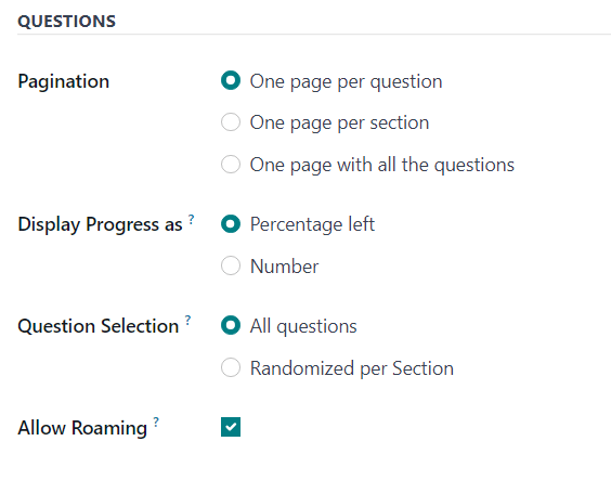 بخش سوالات در زبانه گزینهها در فرم نظرسنجی در Odoo Surveys.