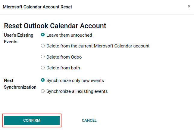 گزینههای تنظیم مجدد تقویم Outlook در Odoo.