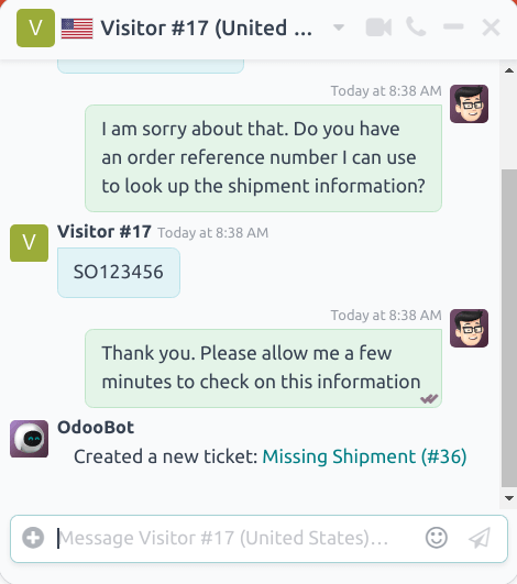 نمای پنجره چت با یک تیکت میز کمک ایجاد شده در Odoo Live Chat.