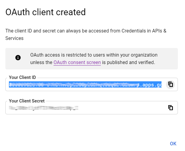 شناسه مشتری Google OAuth ایجاد شد.