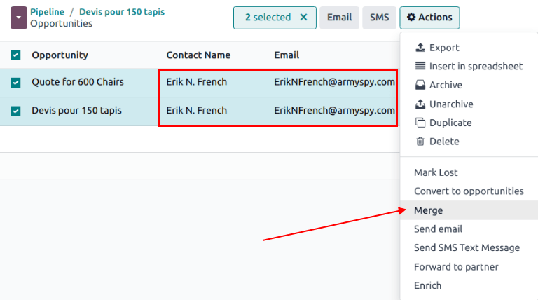 فهرست سرنخها و فرصتهای مشابه انتخابشده برای ادغام در برنامه CRM.