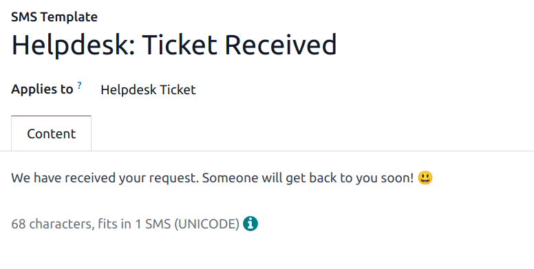 نمای صفحه تنظیم قالب پیامک در Odoo Helpdesk.