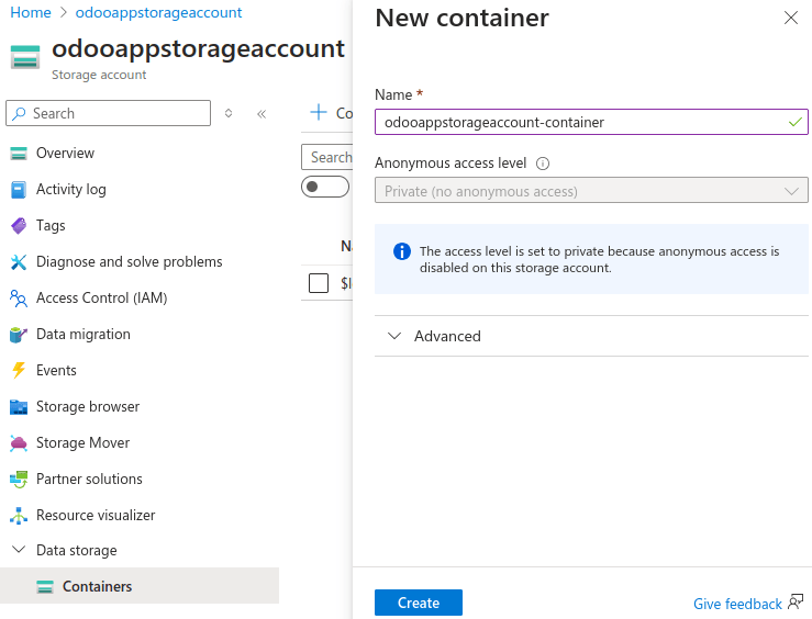 ایجاد یک کانتینر ذخیره‌سازی Microsoft Azure