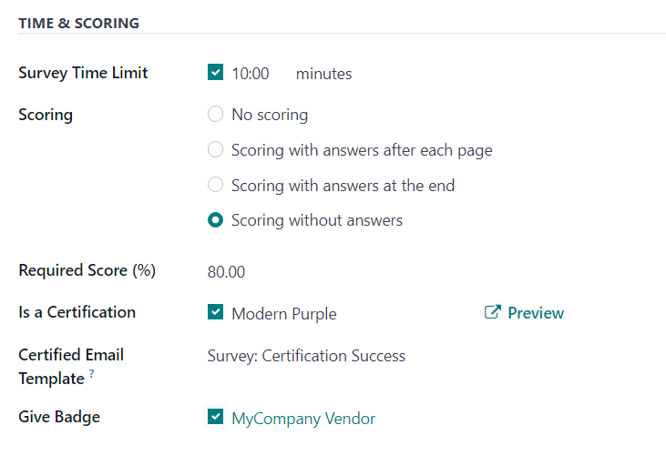 بخش زمان و امتیازدهی در زبانه گزینهها در فرم نظرسنجی در Odoo Surveys.