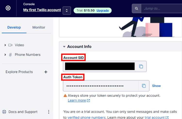 شناسه حساب Twilio و رمز احراز هویت در بخش اطلاعات حساب قابل مشاهده هستند.